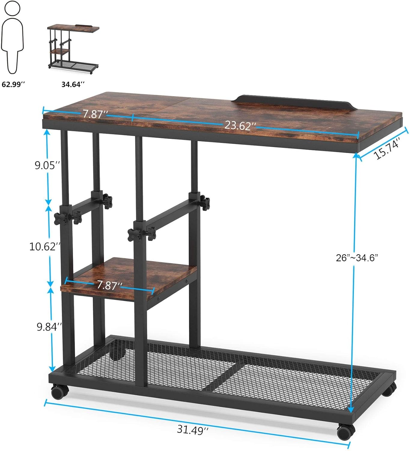 Rustic 32” Width Adjustable C-Shaped End Table with Wheels