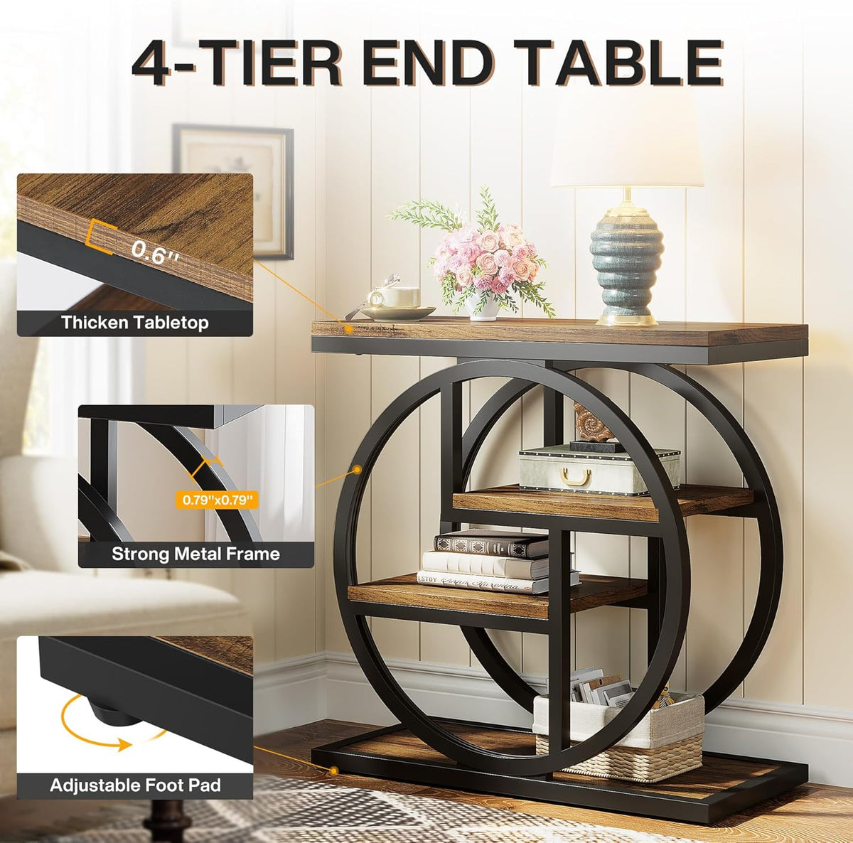 25.59" Industrial 4-Tier Narrow End Table with Storage Shelves