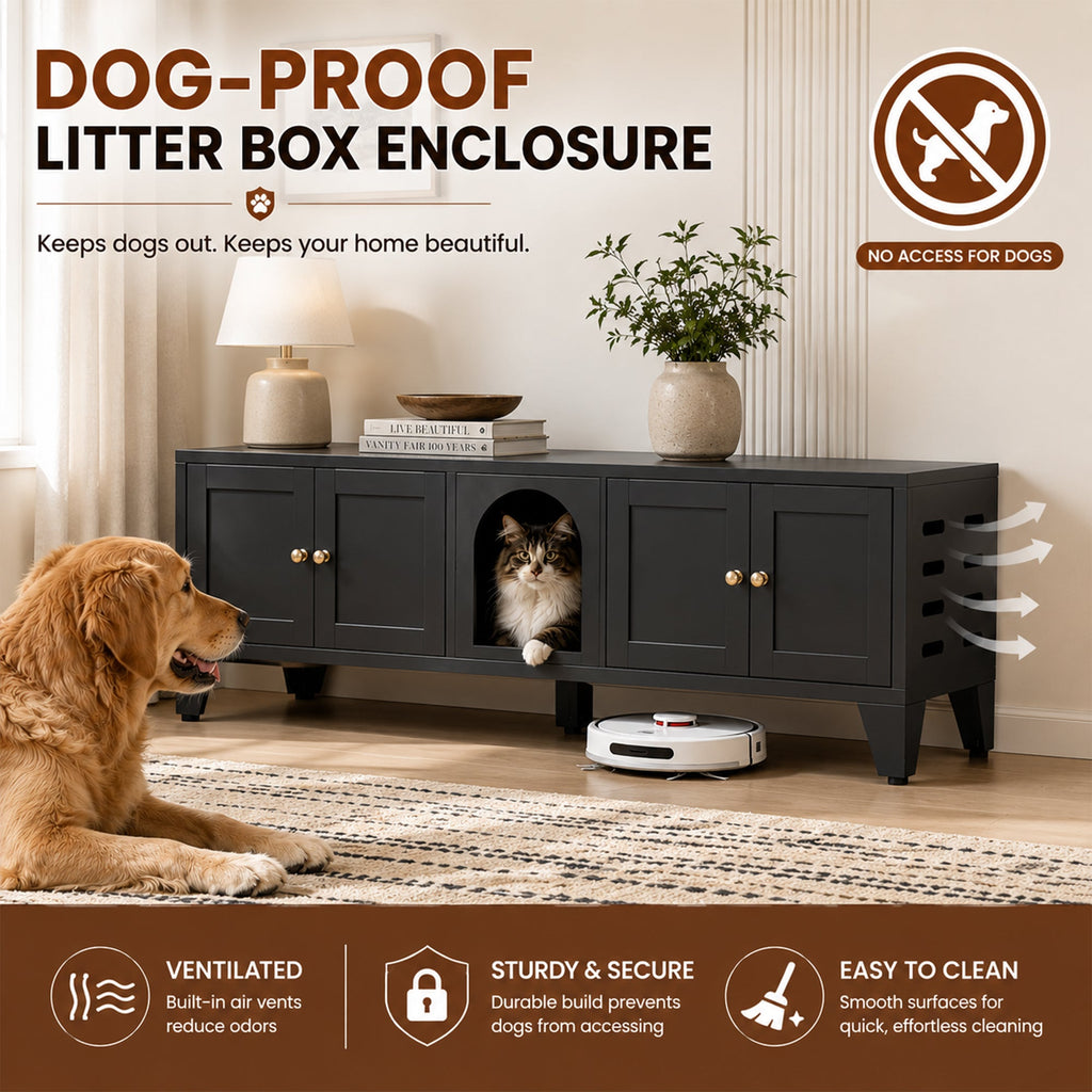 58" Metal Cat Litter Box Enclosure, Hidden Litter Box Furniture for 2 Cats