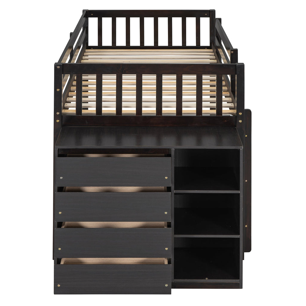 Twin Over Twin Bunk Bed with 4 Drawers and 3 Shelves - Espresso
