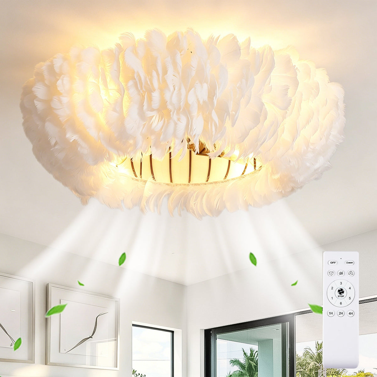 20" Feather-Dressed Caged Ceiling Fan with Remote