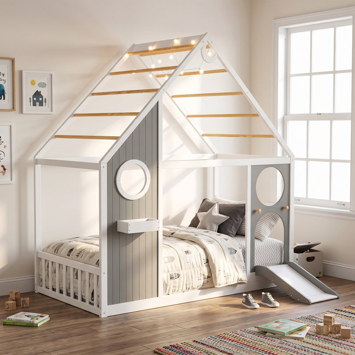 Twin House Bed with Slide, Ball Light Strip, Gray