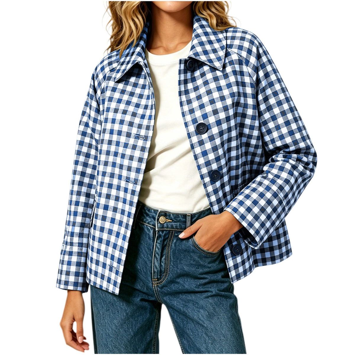Womens Color-Block Plaid Casual Coat