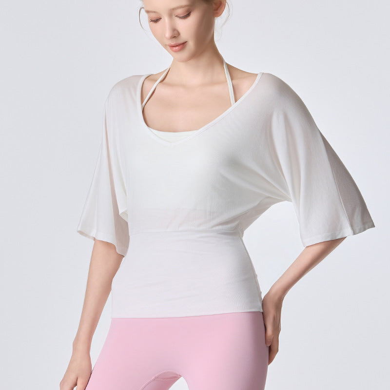 Women's Fitness Yoga Clothing, Fashionable Loose-fitting Short-sleeve T-shirt With Drape Effect, Waist-cinching Casual Style Top For Daily Wear