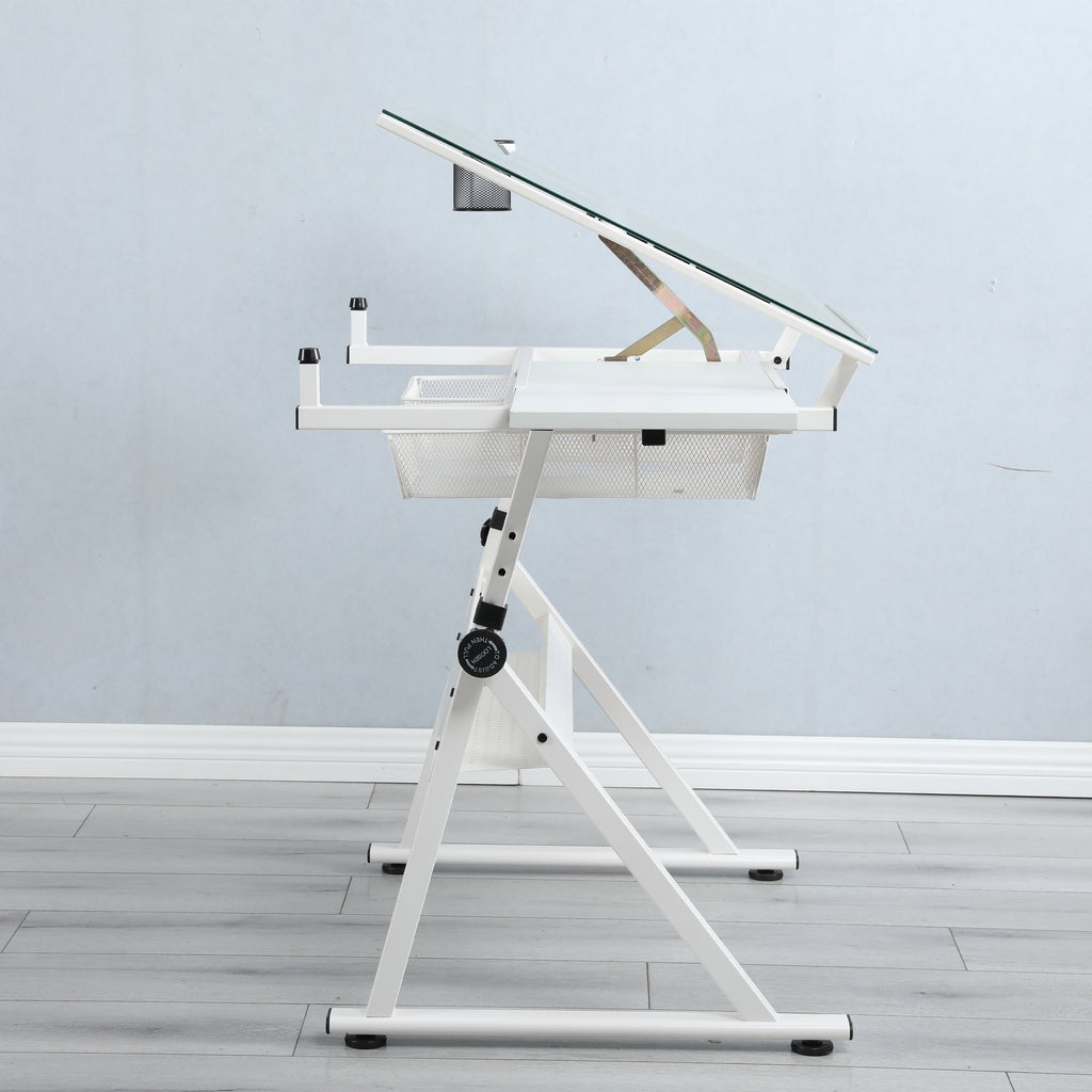White Adjustable Tempered Glass Drafting Table with Chair