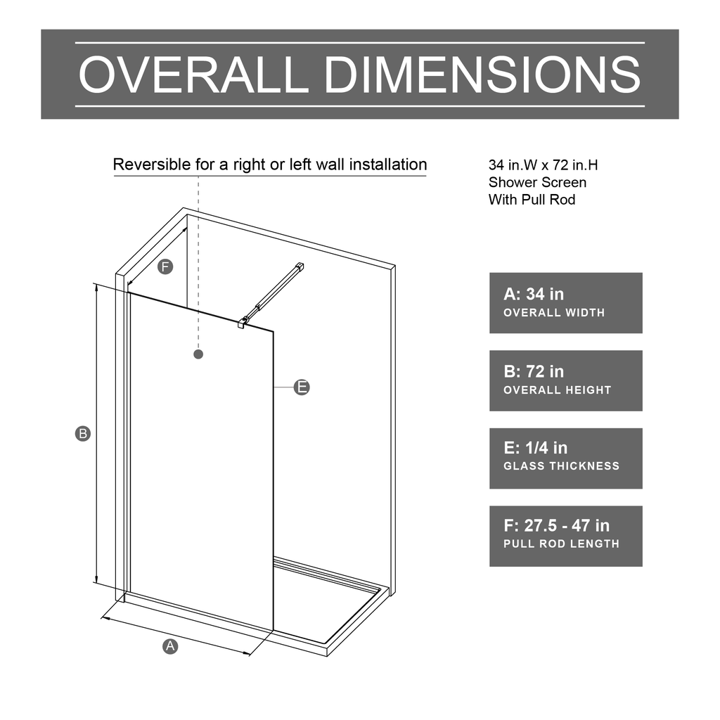 34 Inch W x 72 Inch H Fixed Shower Door