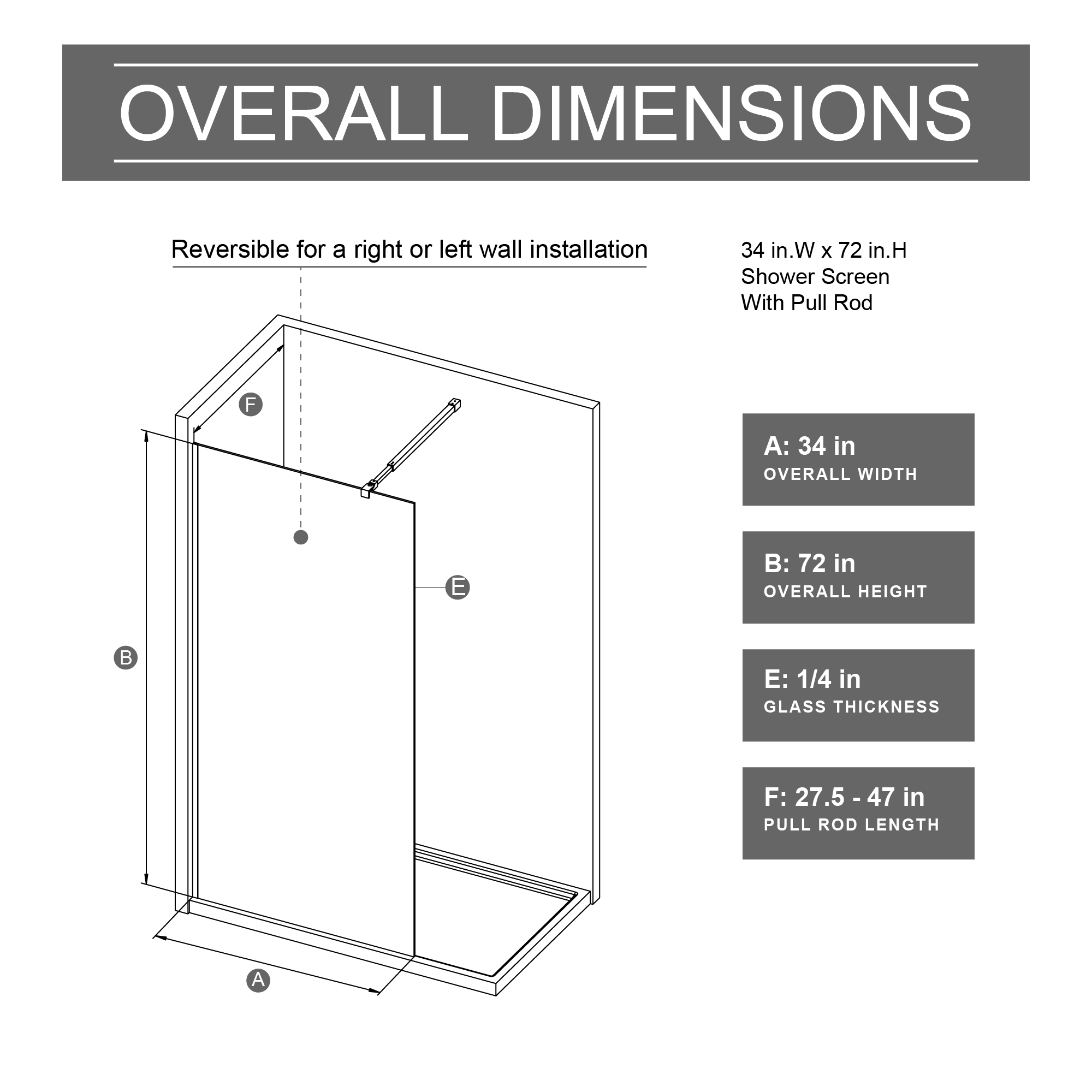 34 Inch W x 72 Inch H Fixed Shower Door