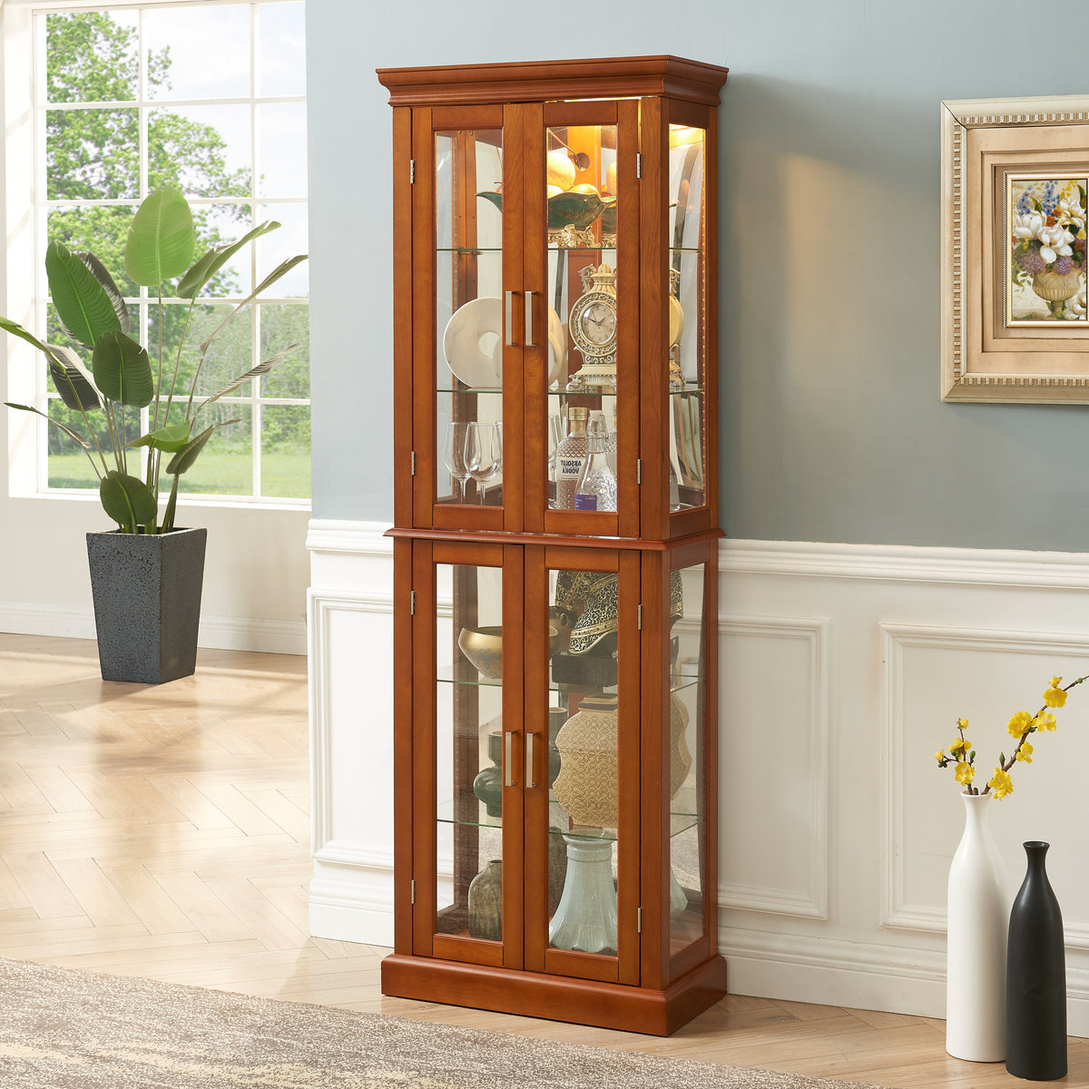 Lighted Curio Cabinet with Adjustable Shelves and Mirrored Back Panel