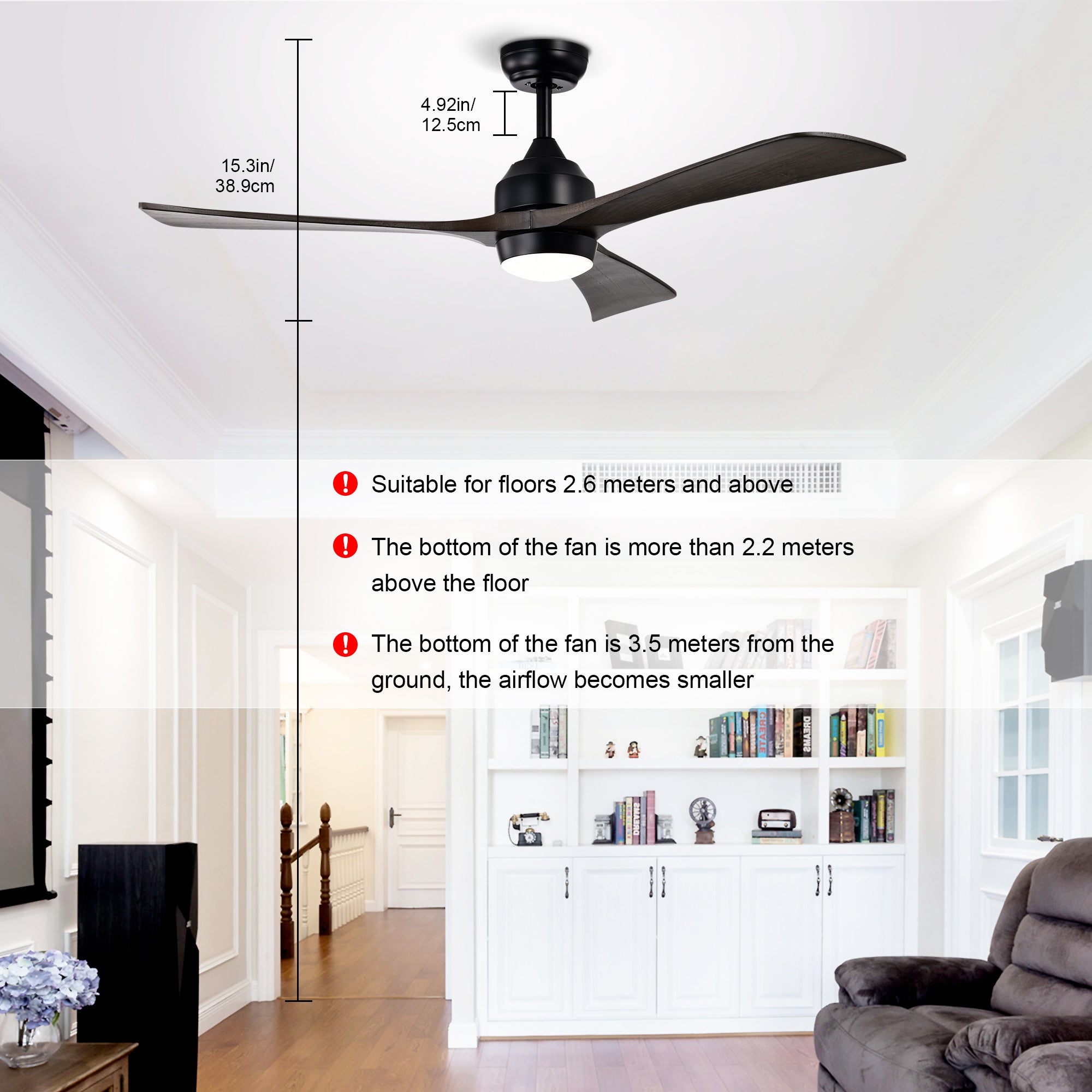 52" Solid Wood Blades Ceiling Fan with Lights Remote Control