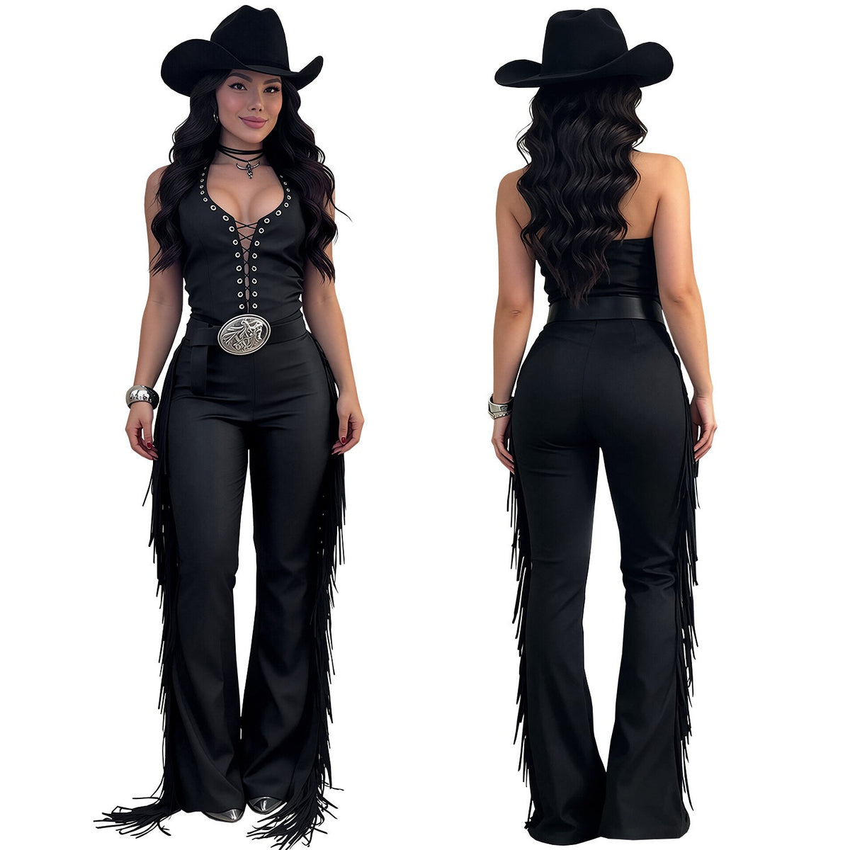 C7831 Cross Border 2026 New Women Sexy Western-style Halterneck Fringe Wide-leg Pants Slim-fit Party Jumpsuit