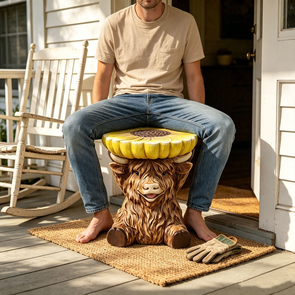 Highland Cow Stool with Sunflower Tabletop