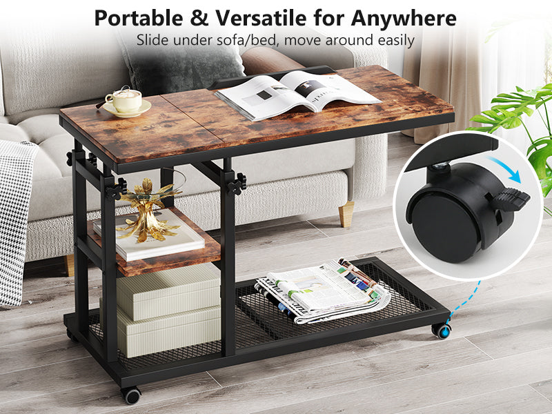 Rustic 32” Width Adjustable C-Shaped End Table with Wheels