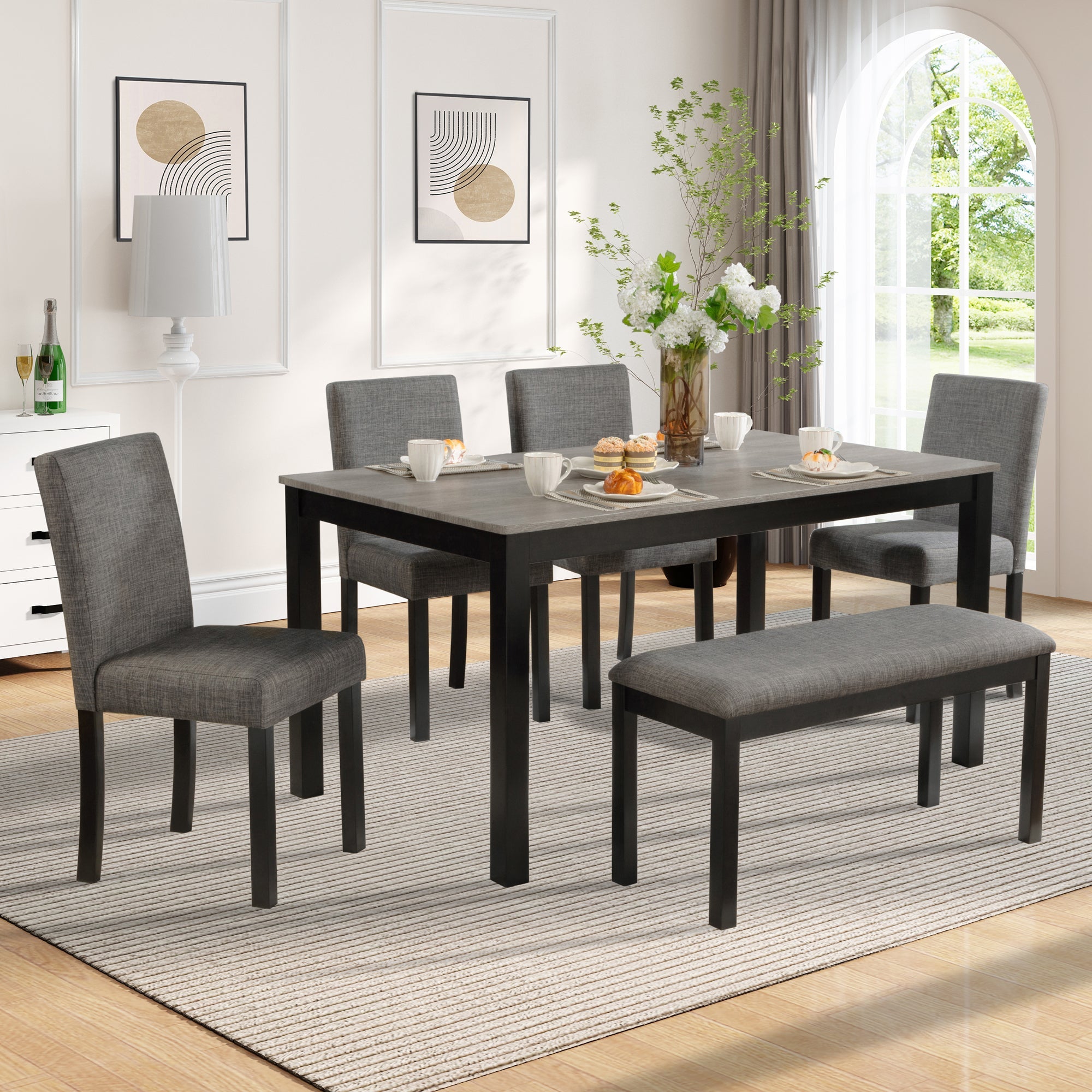 6-Piece Dining Table Set with Bench and Chairs