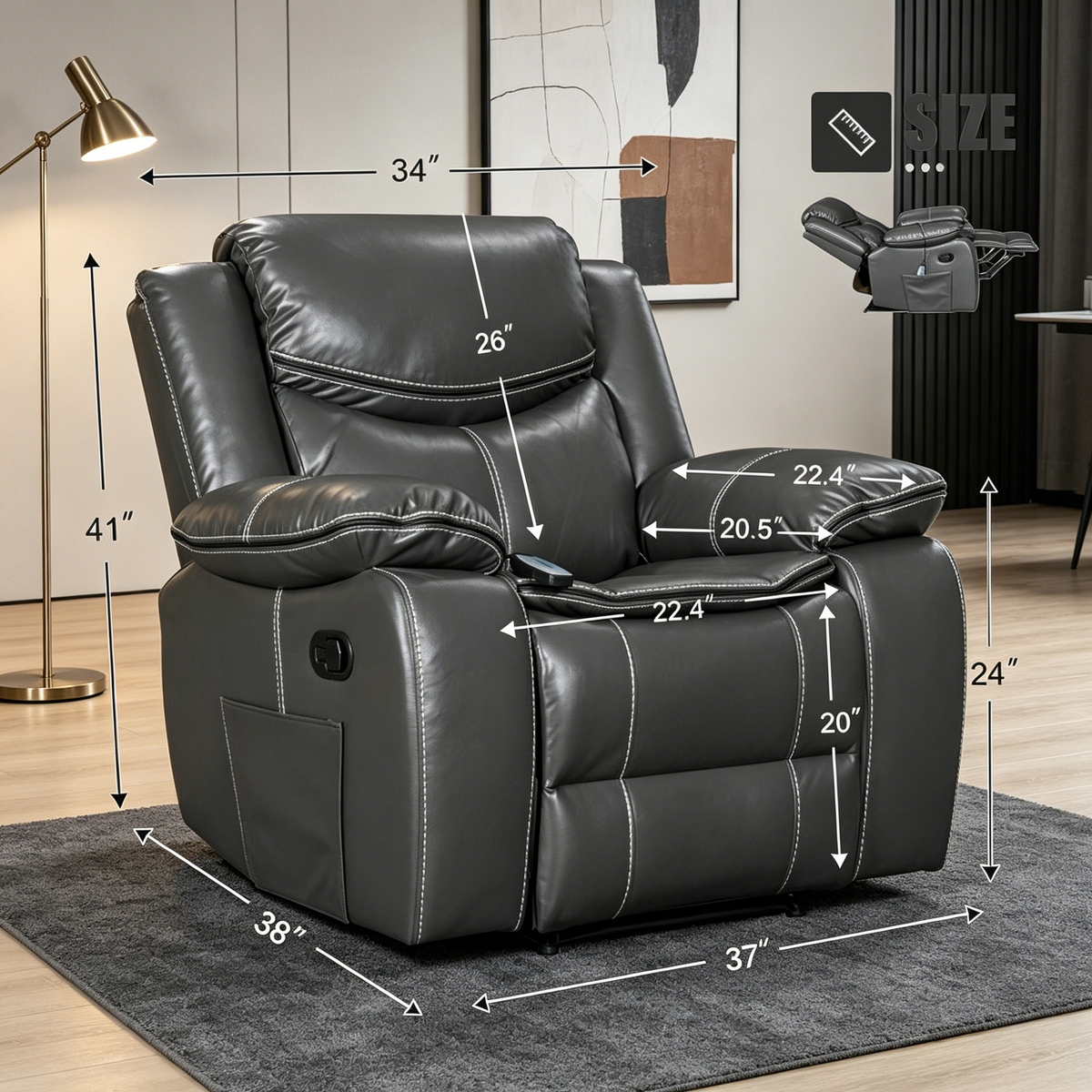 Grey Air Leather Recliner Chair With Vibration And Heating