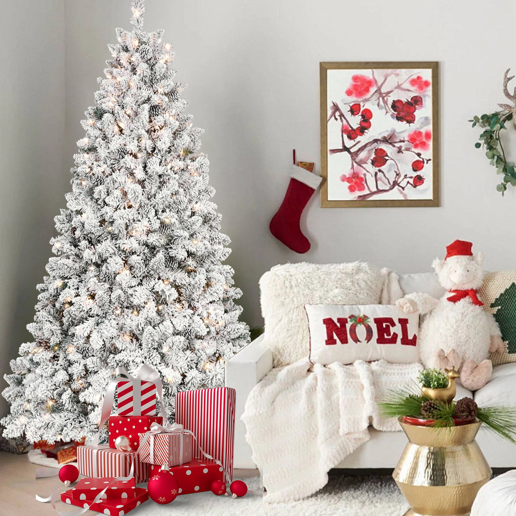 7.5FT Flocked Christmas Tree with 550 UL Lights and Pine Cones