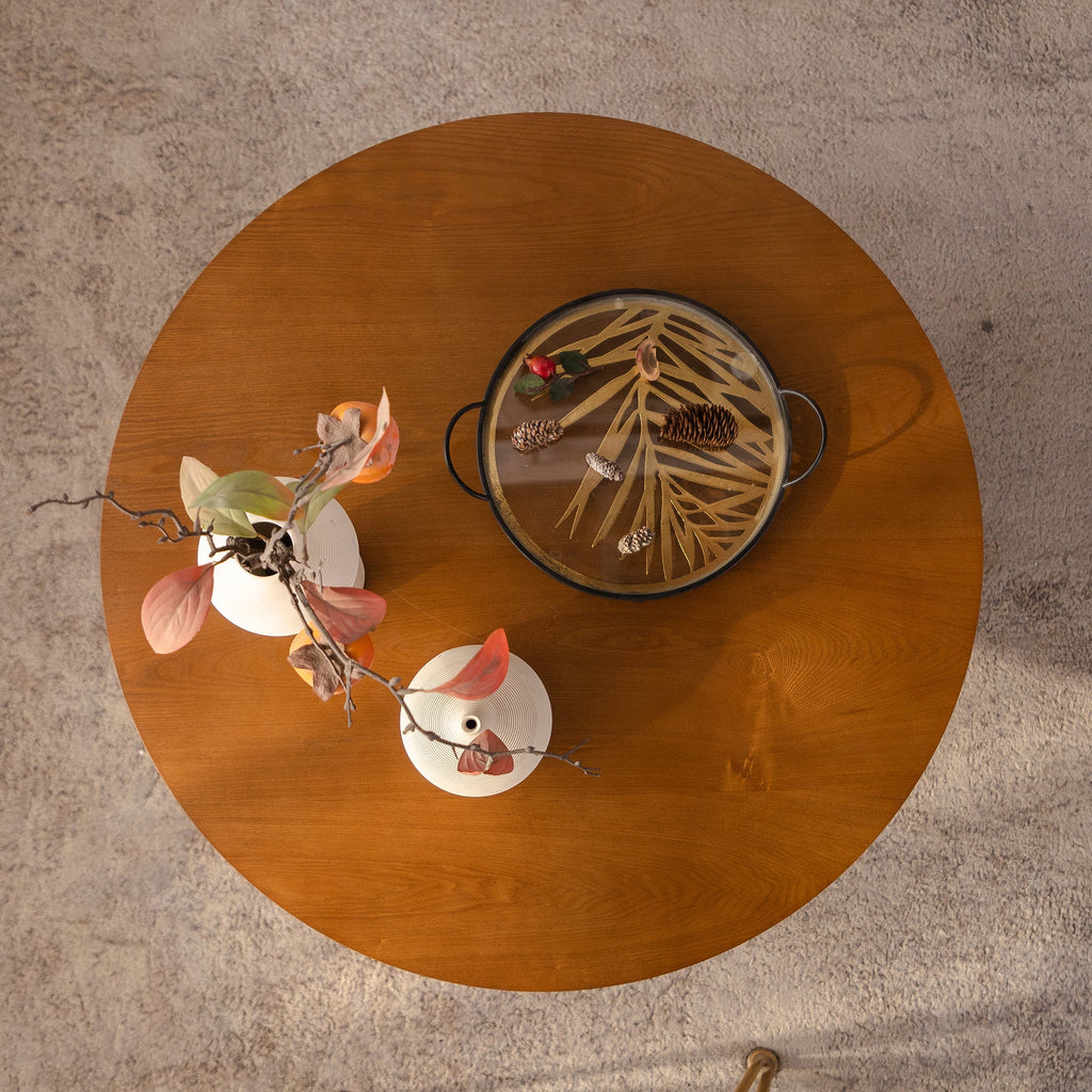 31.5" Round Wood Coffee Table with 3 Teddy Fabric Nesting Stools