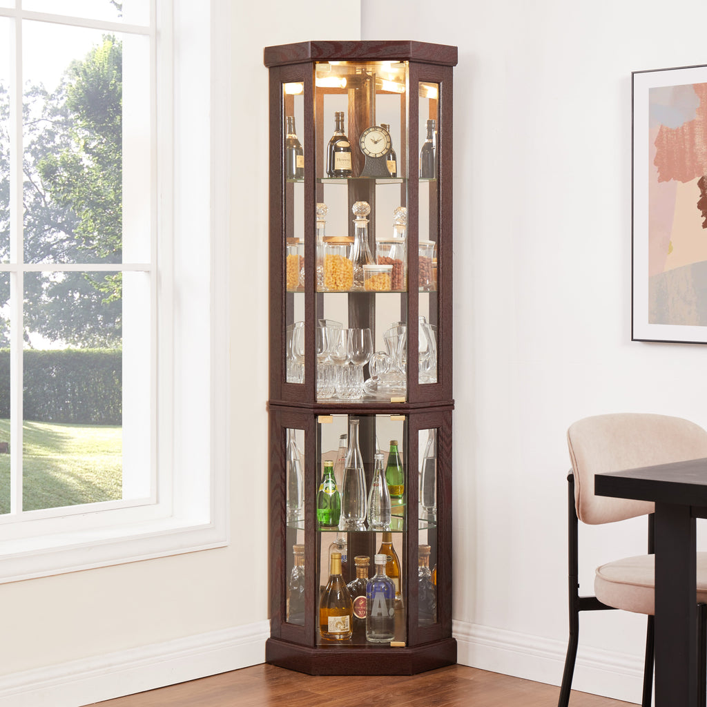 Corner Glass Cabinet Lighted Curio Cabinet in Dark Cherry