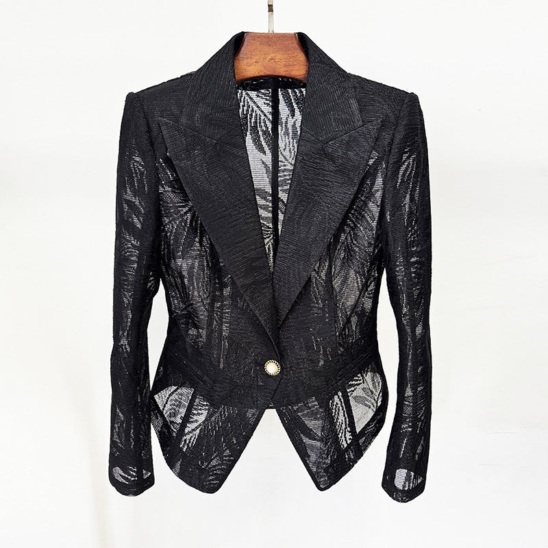 Sheer Leaf Jacquard Single Button Cropped Blazer Jacket