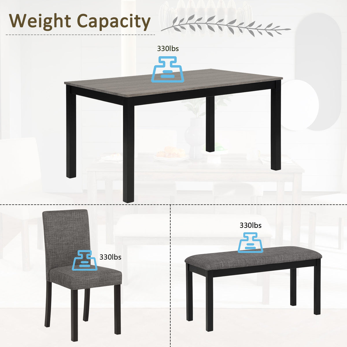 6-Piece Dining Table Set with Bench and Chairs
