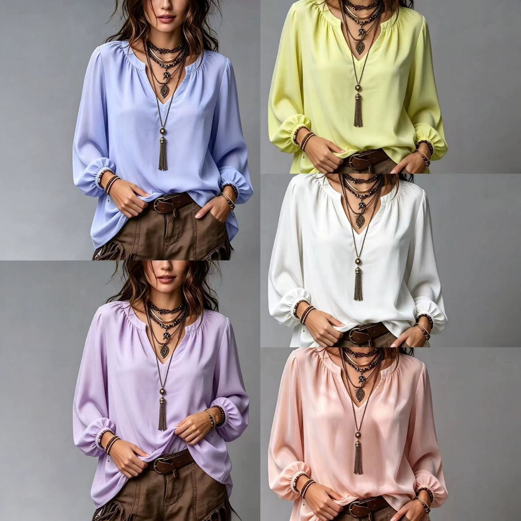 Elegant V-neck Shirt With Puff Sleeves For Women