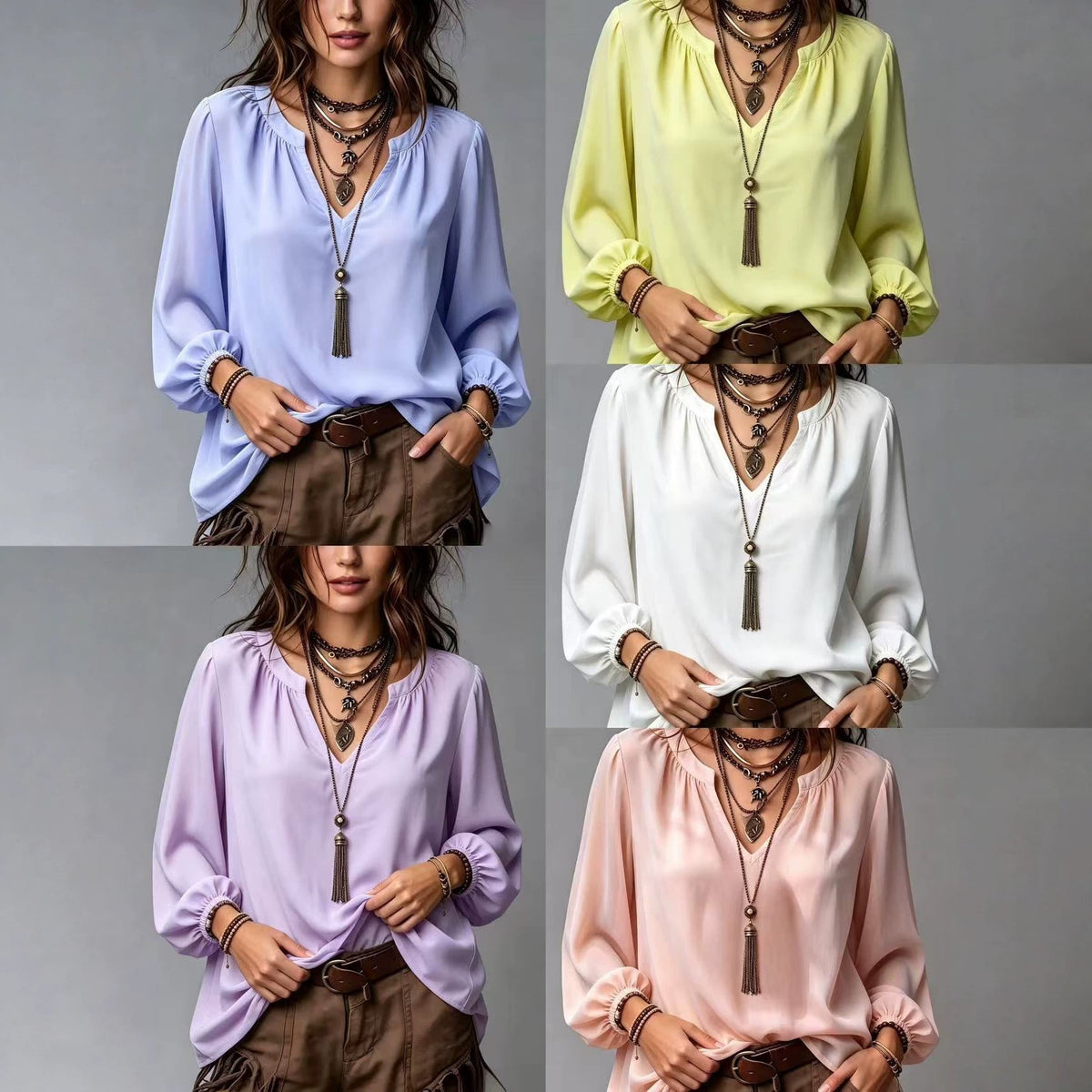 Elegant V-neck Shirt With Puff Sleeves For Women
