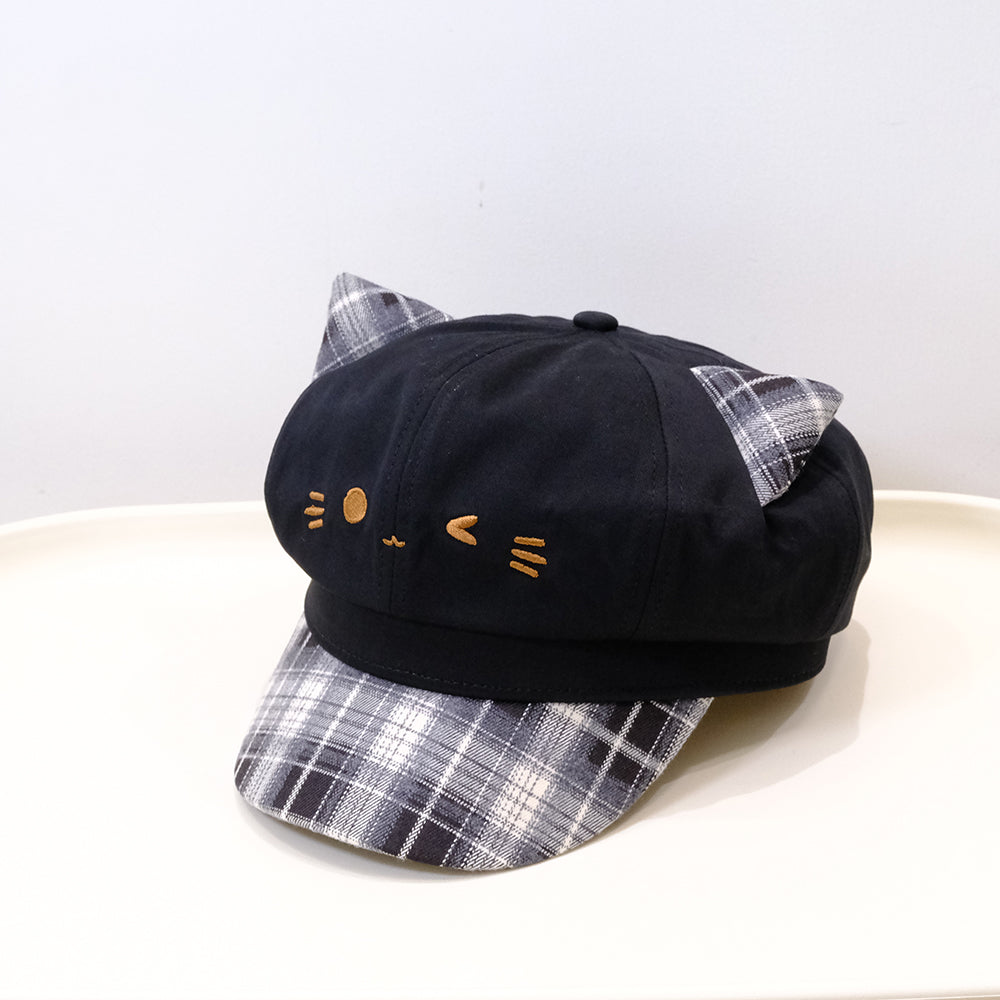 Korean-style Cute Cat-ear Patchwork Checkered Newsboy Hat For Autumn And Winter, Versatile And Suitable For All Occasions, Soft And Sweet Girl's Sweet Bloom Hat