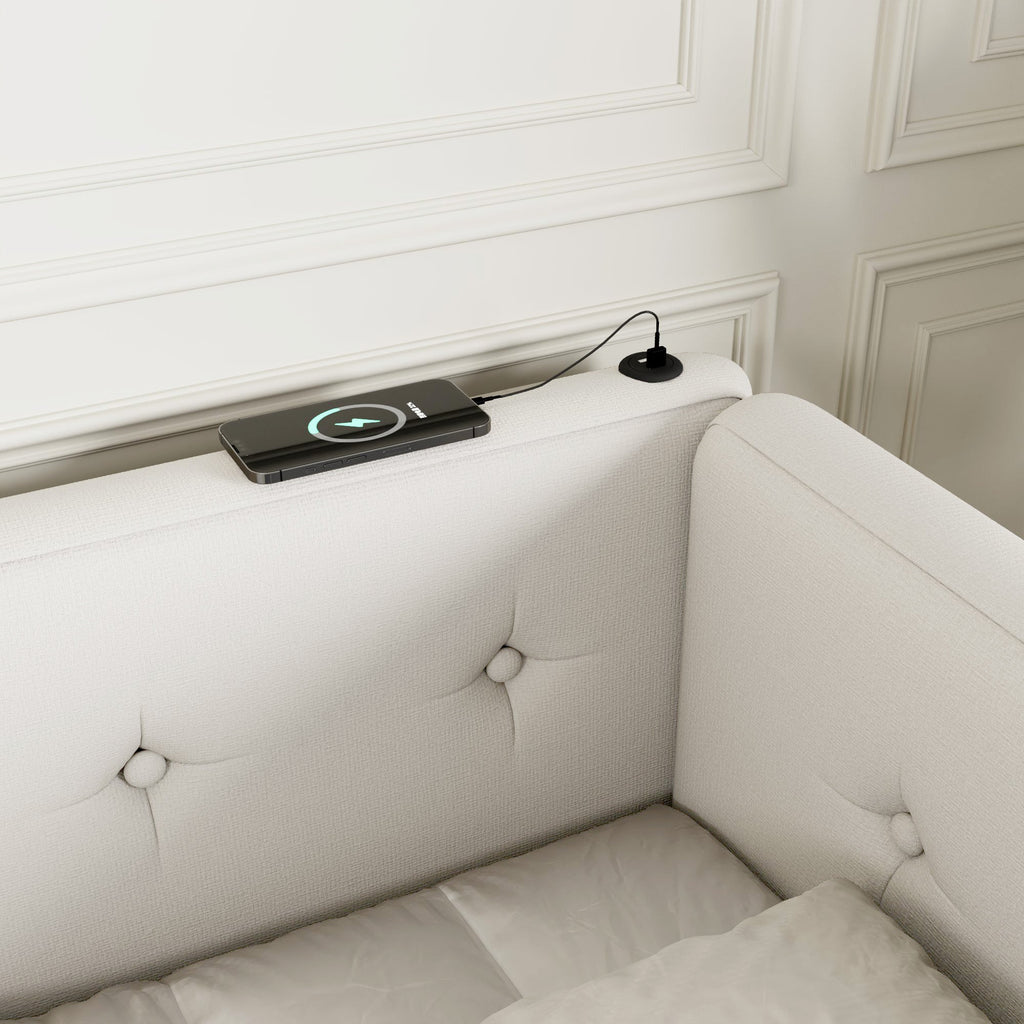 Upholstered Queen Size Platform Bed with USB Ports