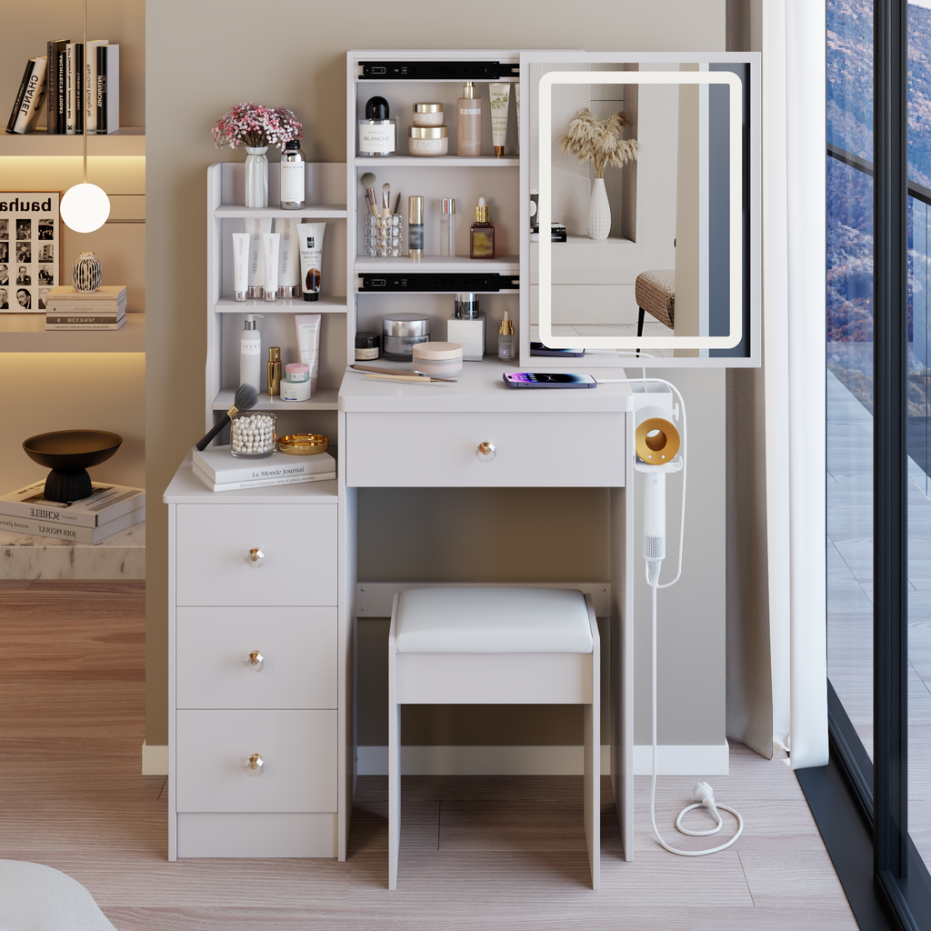 Small Size Left Bedside Cabinet Vanity Table + Cushioned Stool