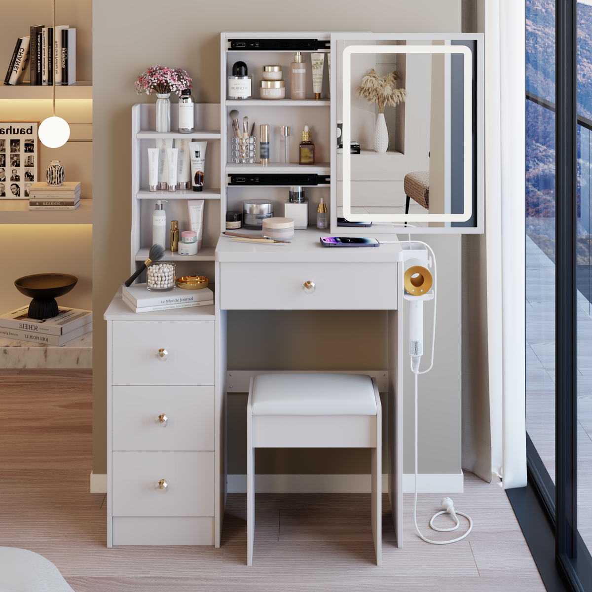 Small Size Left Bedside Cabinet Vanity Table + Cushioned Stool