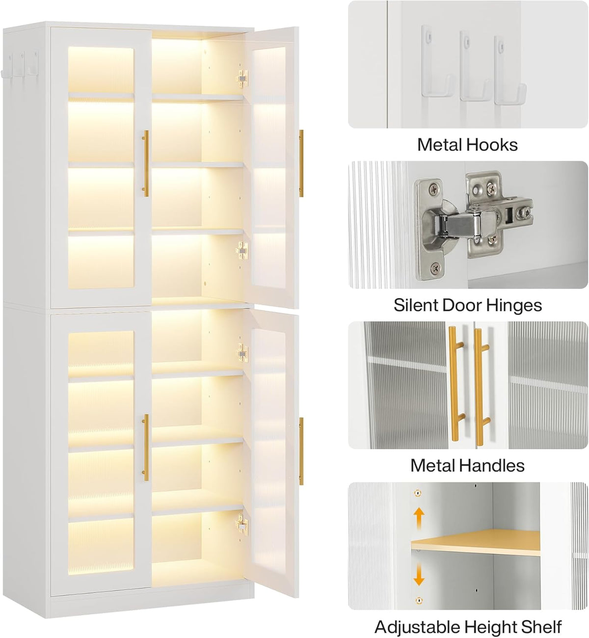 67" Tall White Bookcase with Doors and LED Light