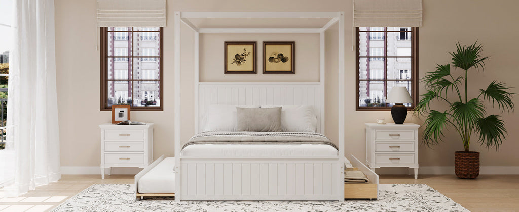 Modern Queen Size Canopy Platform Bed with Trundle