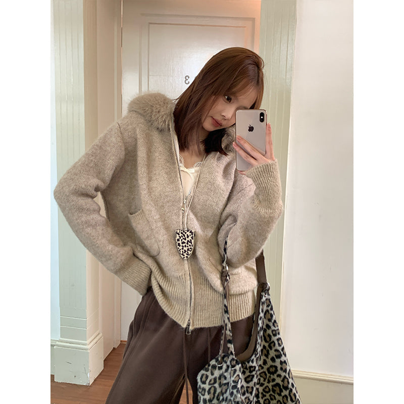 Fur Collar Hooded Knitted Coat For Women
