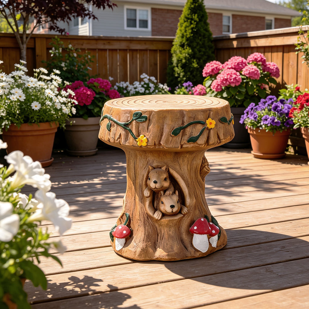 Squirrel Tree Stump Stool Garden Statue
