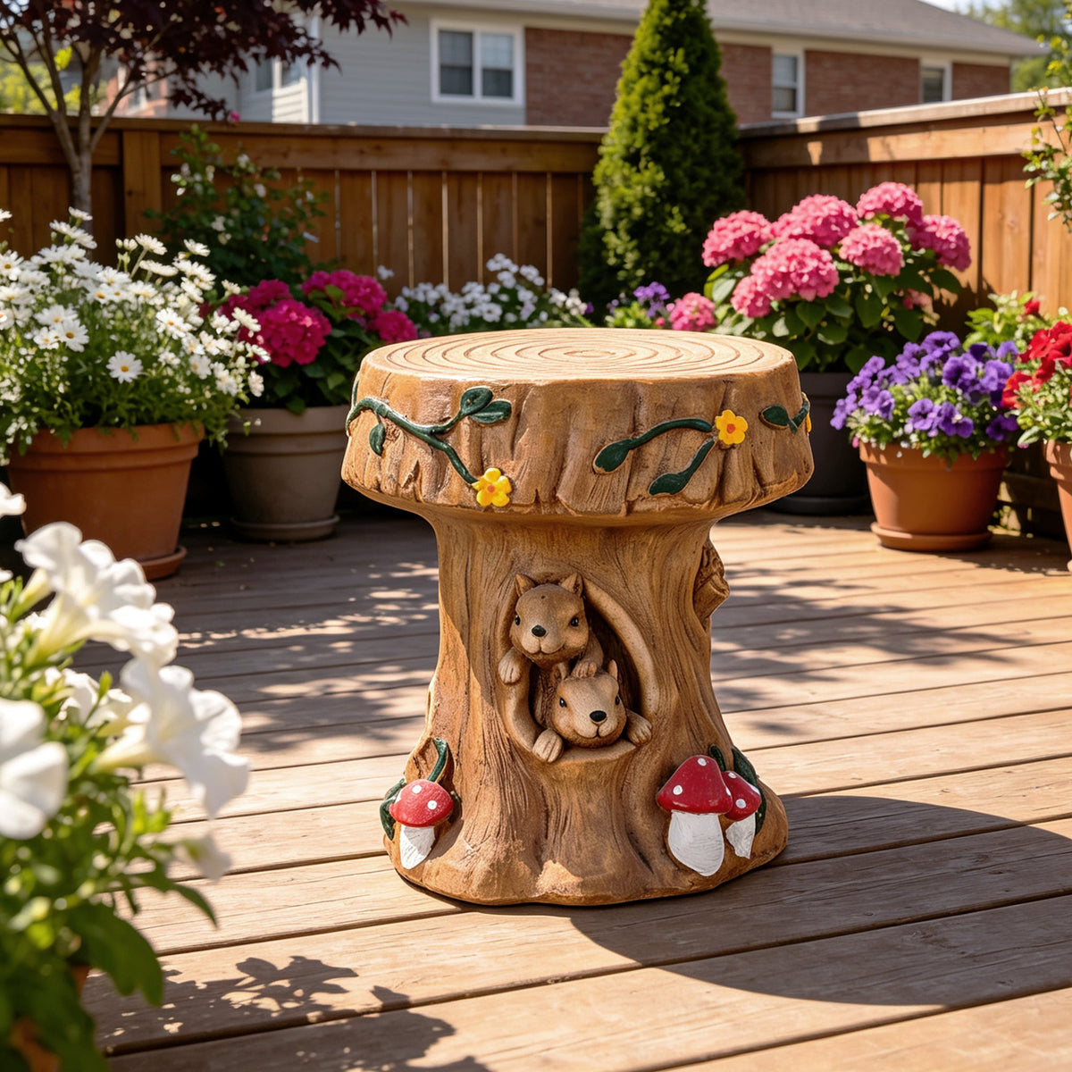 Squirrel Tree Stump Stool Garden Statue