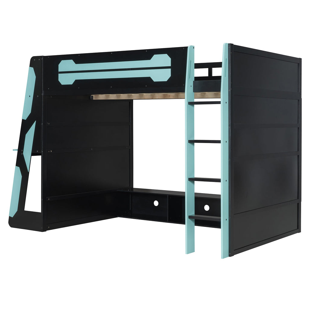 Full Size Wood Loft Bed with Desk, Multi-Storage Shelves and RGB Light, Cloud