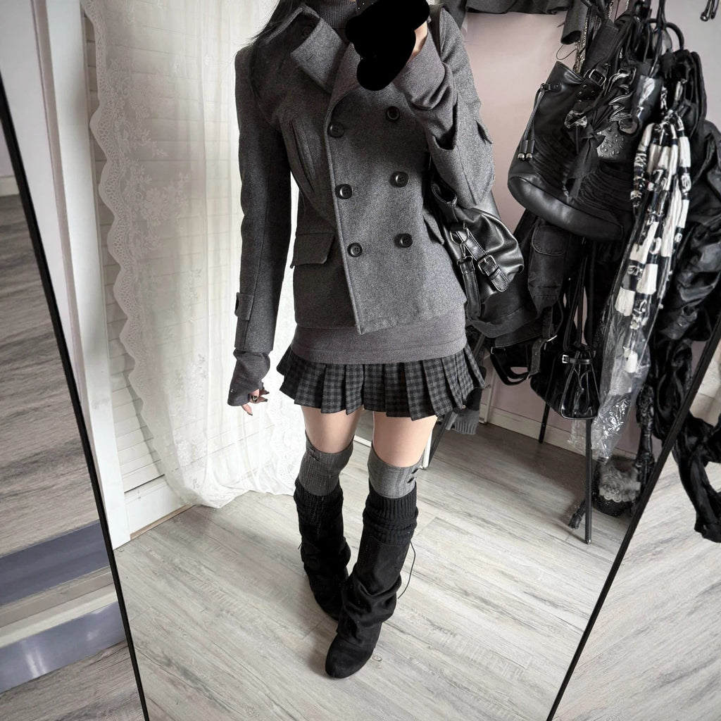 Womens Short Wool Coat Notched Lapel Double-breasted Jacket