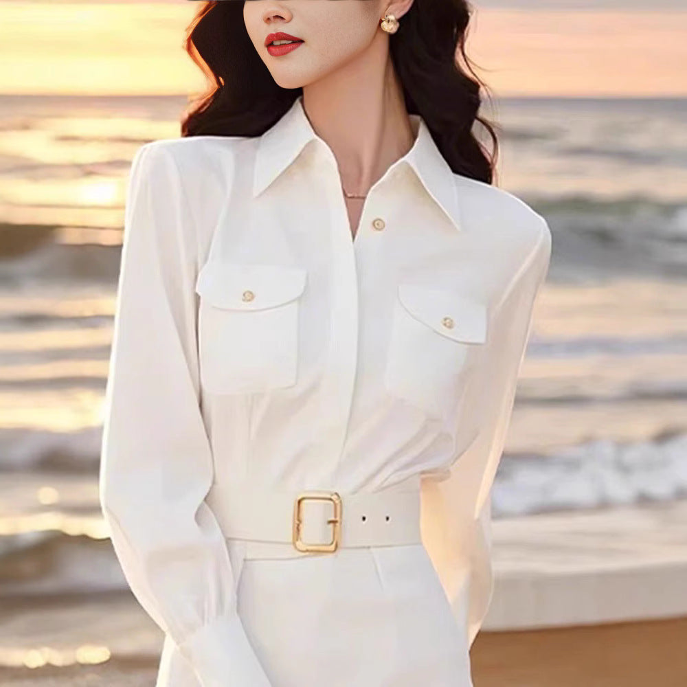 Spring French-style White Shirt Dress For Women