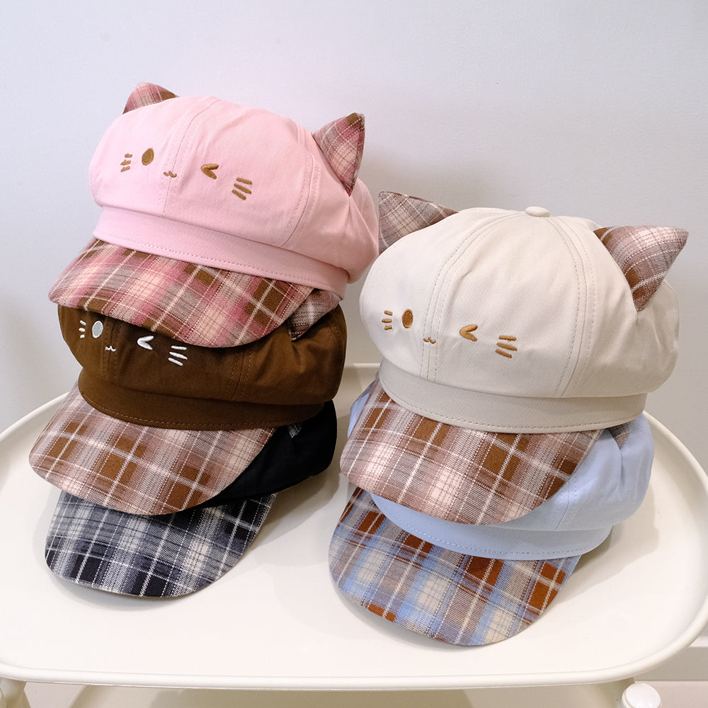 Korean-style Cute Cat-ear Patchwork Checkered Newsboy Hat For Autumn And Winter, Versatile And Suitable For All Occasions, Soft And Sweet Girl's Sweet Bloom Hat