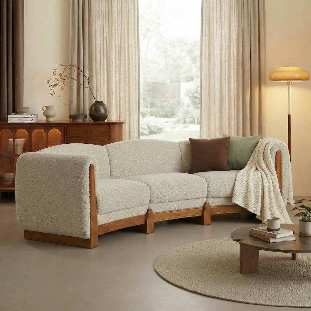 Elegant Curved Boucle Sofa with Solid Wood Frame