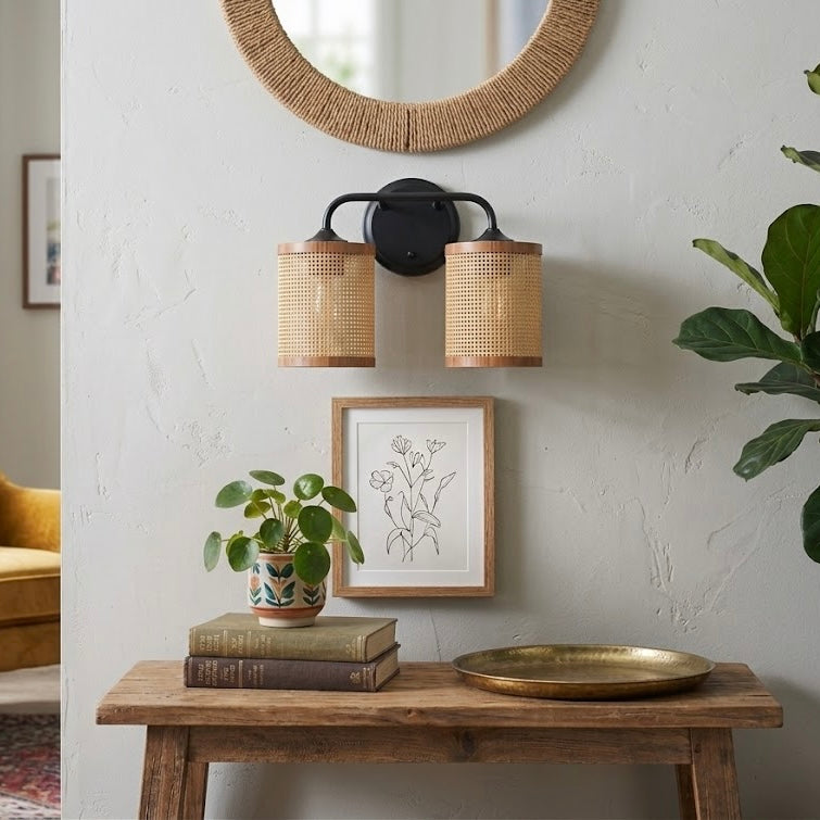 Quell Double Light Vanity With Natural Rattan Shade
