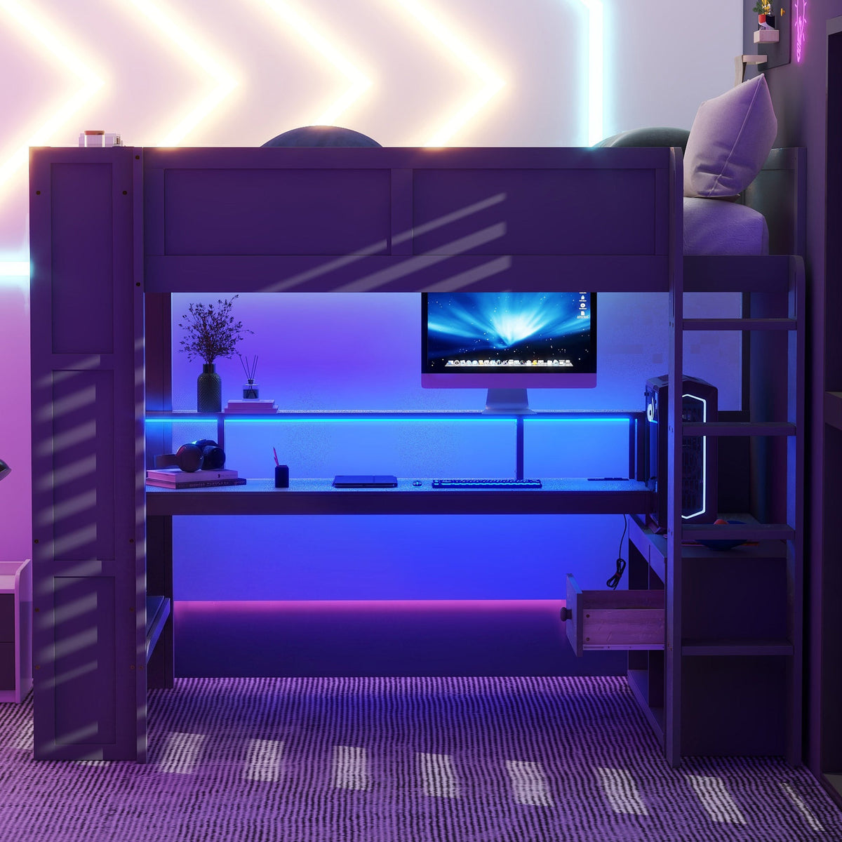 Wood Full Size Gaming Loft Bed with Desk, Storage Shelves, and LED Lighting