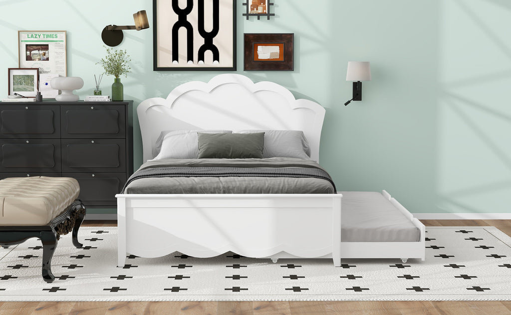 Full Size Wood Platform Bed with Headboard and Twin Size Trundle