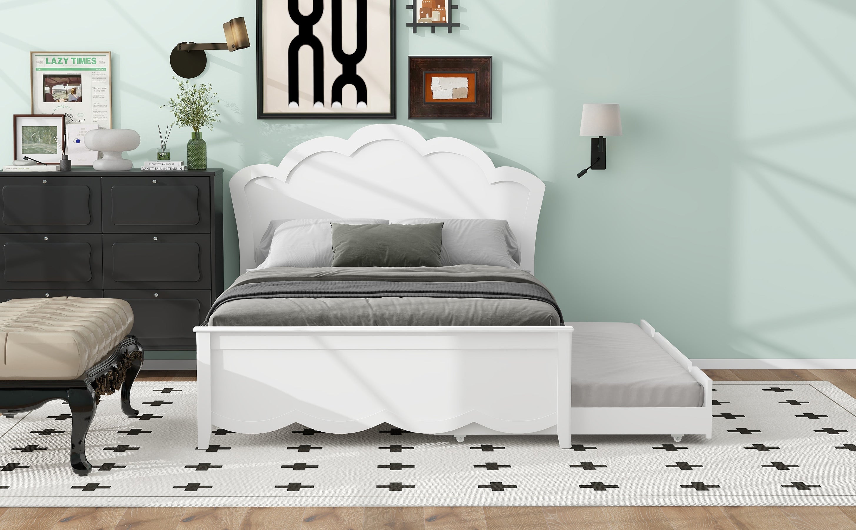 Full Size Wood Platform Bed with Headboard and Twin Size Trundle