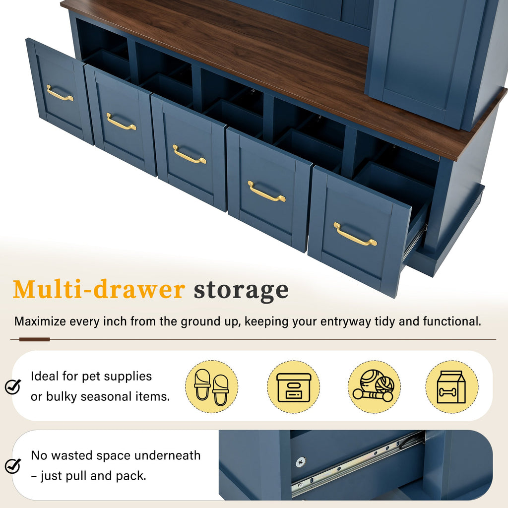 U-Can Entryway Hall Tree with Coat Hooks, Shoe Bench & Drawer Storage Cabinet