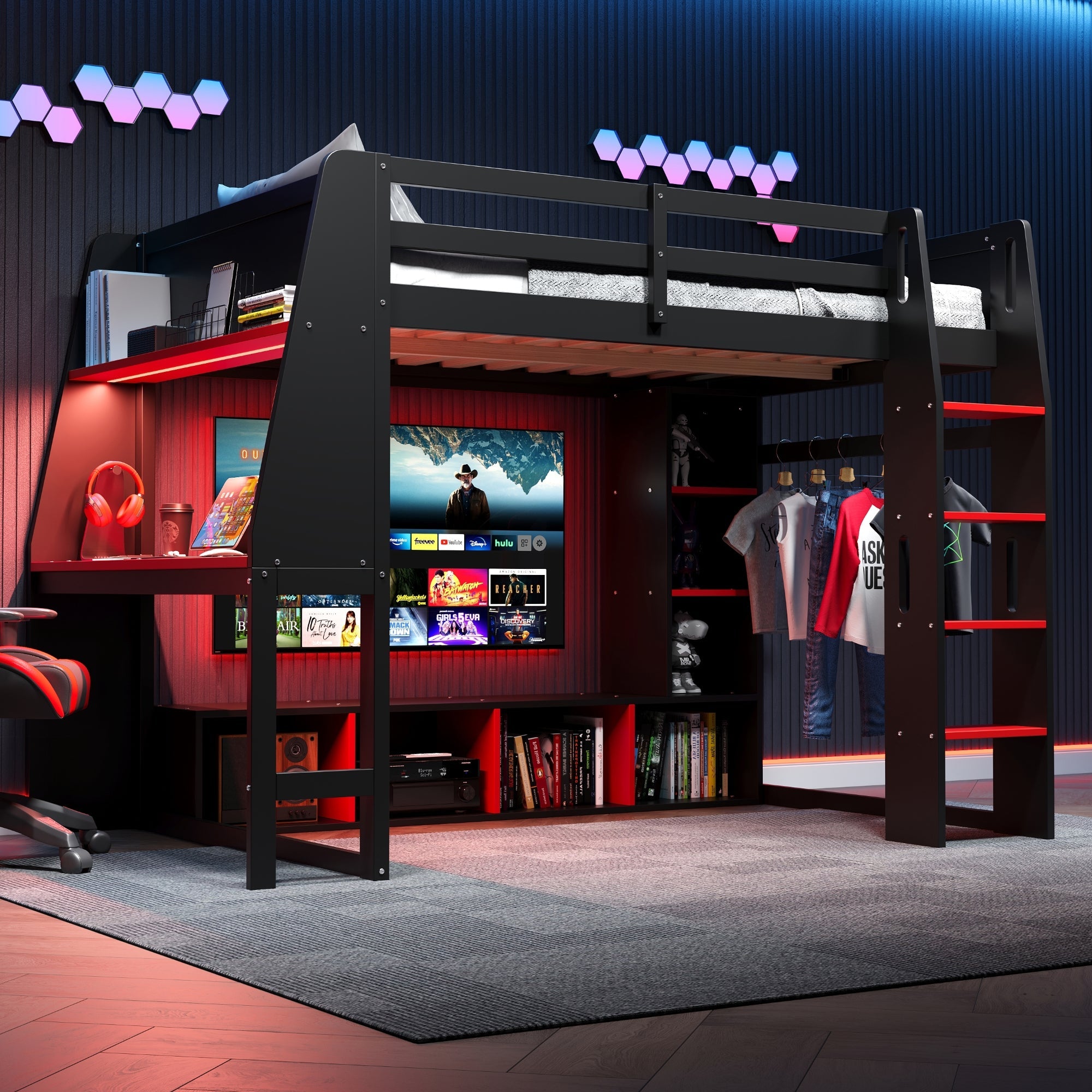 Wood Twin Size Gaming Loft Bed with Desk, Multi-storage Shelves, LED and a Hanging Clothes Rack