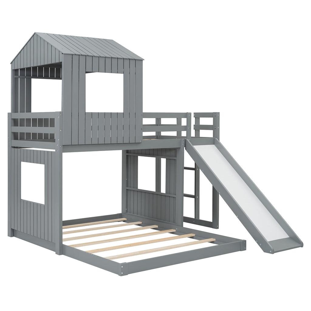 Wooden Twin Over Full Bunk Bed, Loft Bed with Playhouse