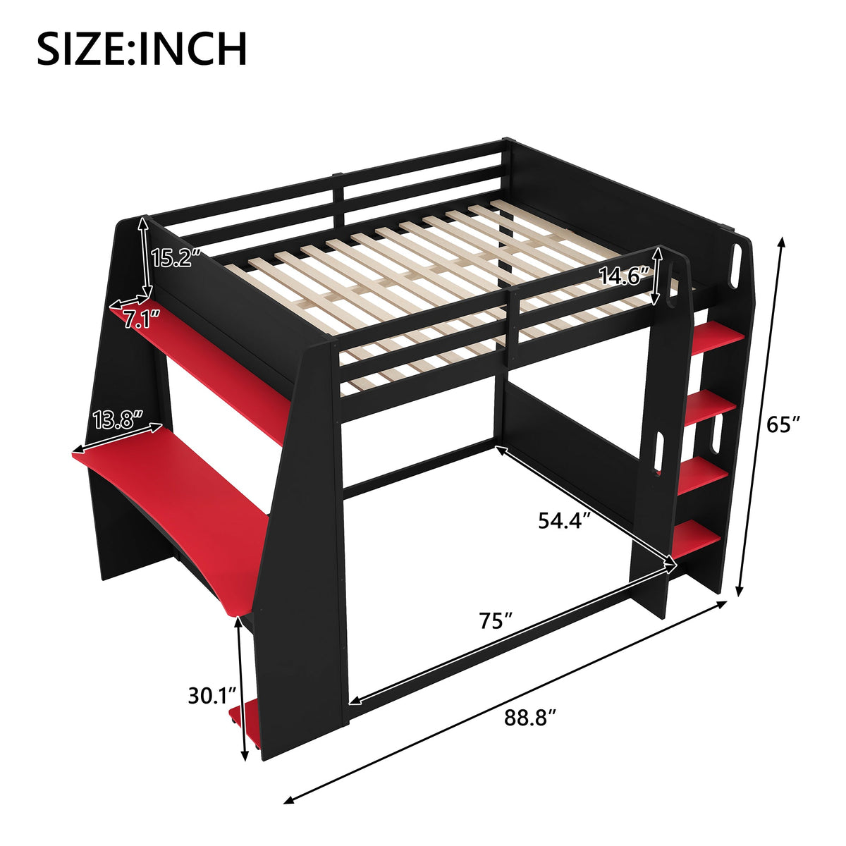 Full Size Wooden Gaming Bunk Bed with Desk and Storage
