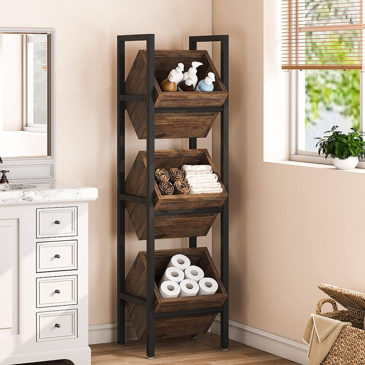 15" 3-Tier Industrial Basket Stand with Angled Baskets