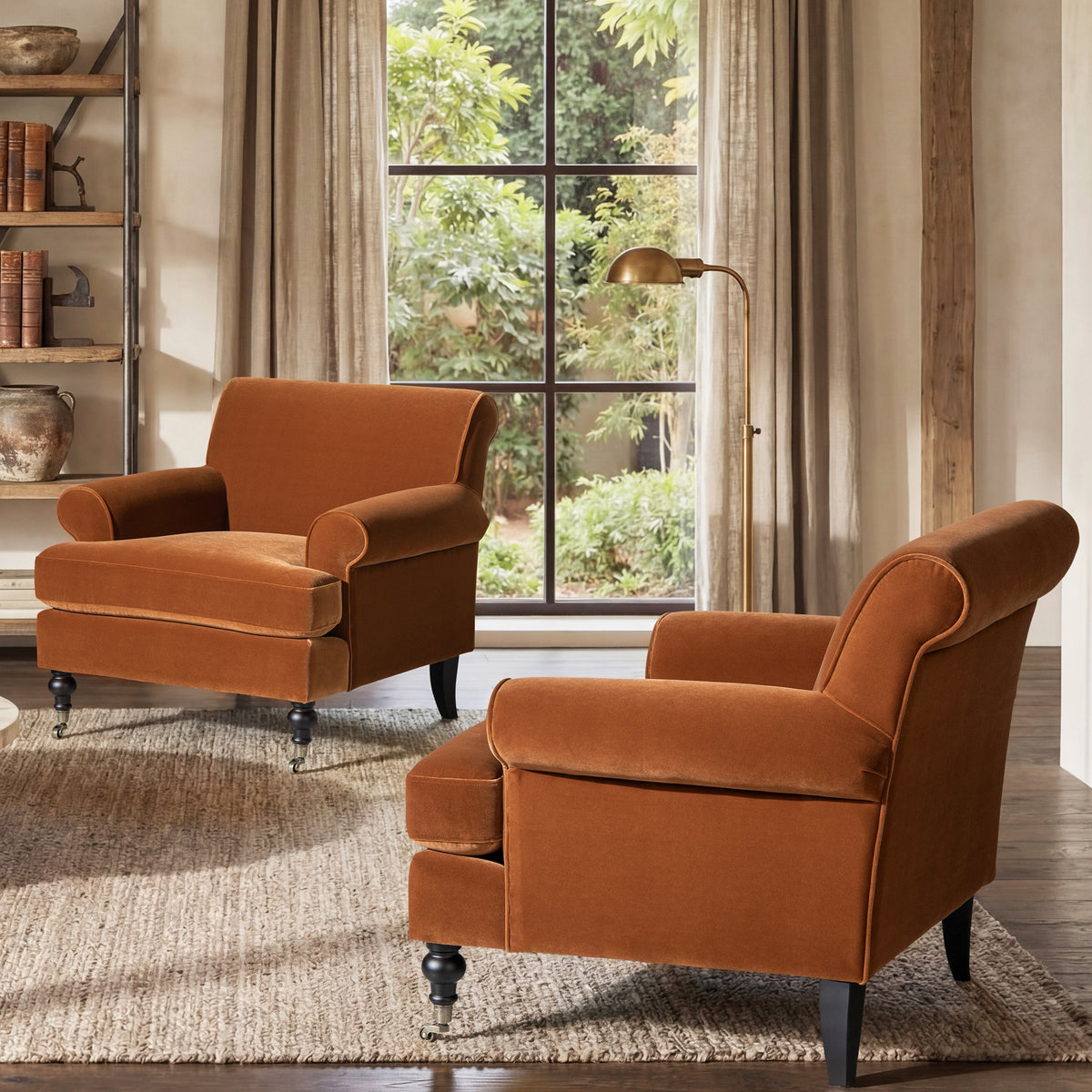 Alana 38" Lawson Accent Arm Chair with Metal Casters, Burnt