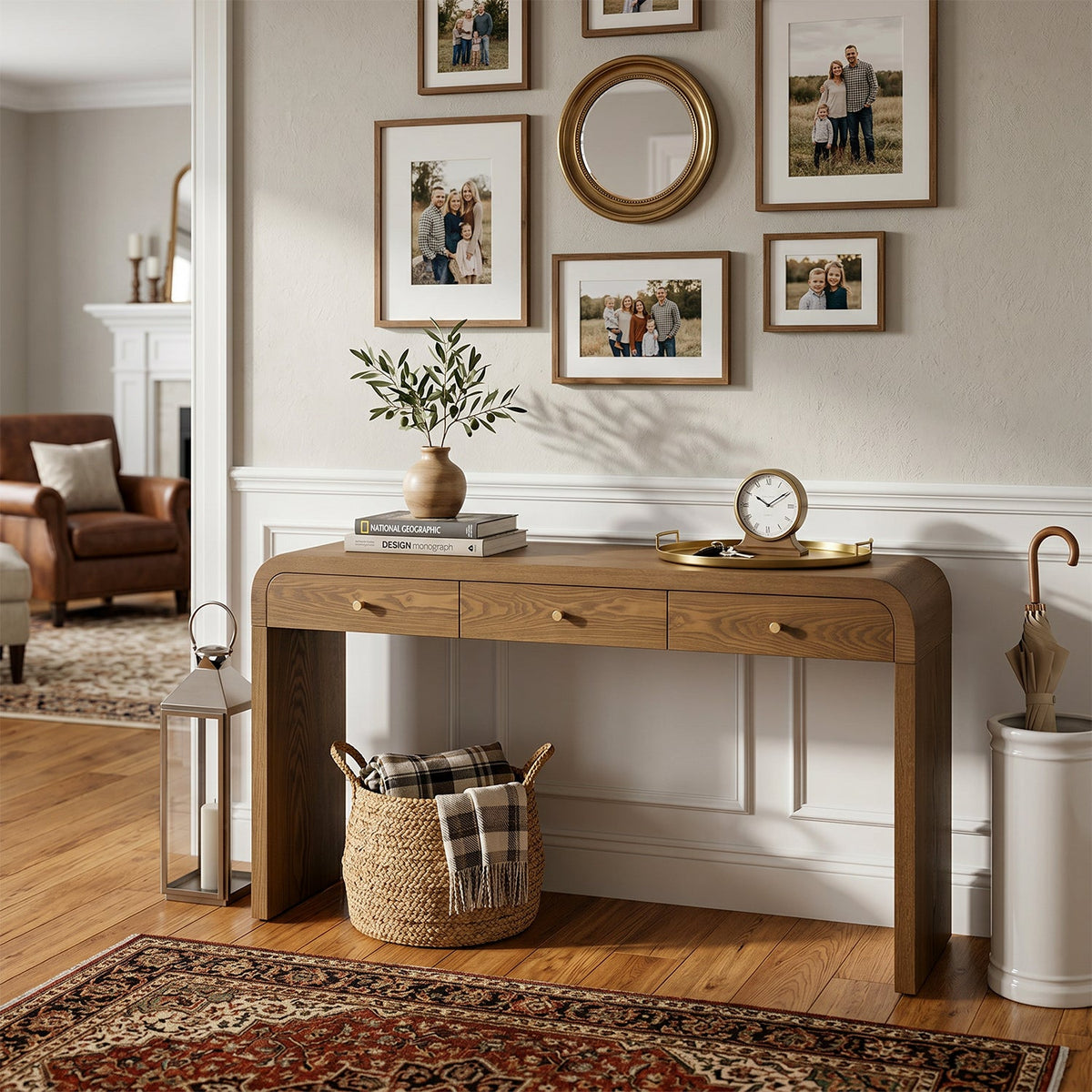 Walnut Curved Design 3-Drawer Long Console Table